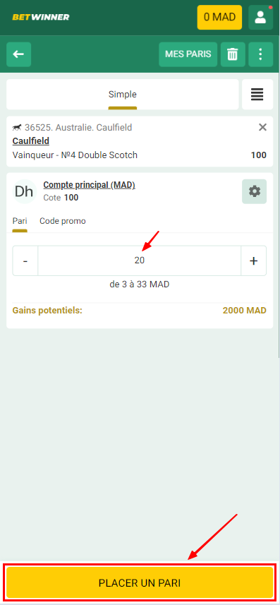 Montant du pari sur Betwinner