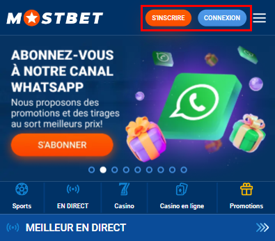 Boutons d'inscription et de connexion sur le site Web de Mostbet