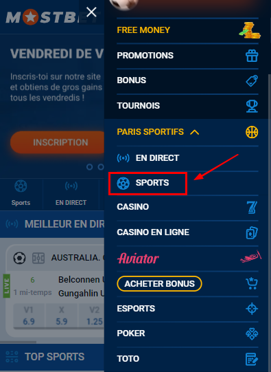 Position de la page des sports sur le site Internet de Mostbet