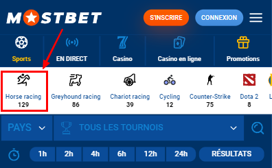 Position de la section des courses de chevaux sur le site de Mostbet