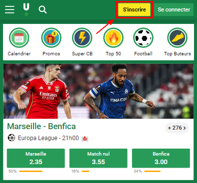 Bouton d'inscription dans l'application Unibet 