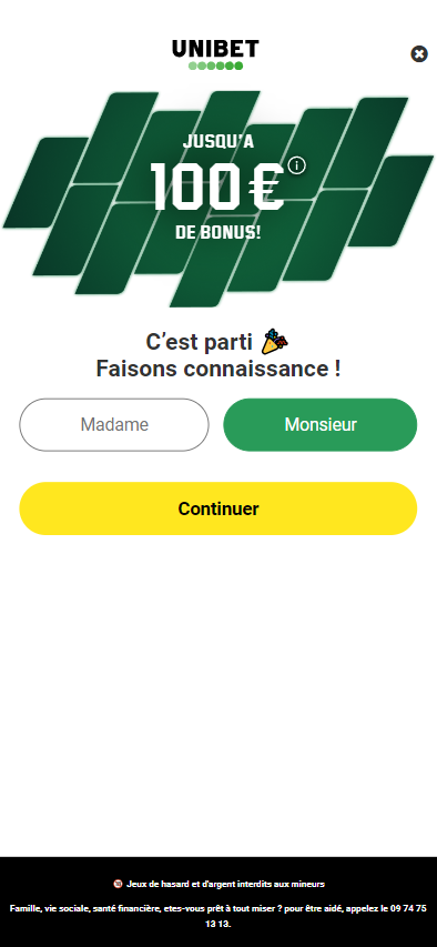 Première étape de l'inscription sur Unibet