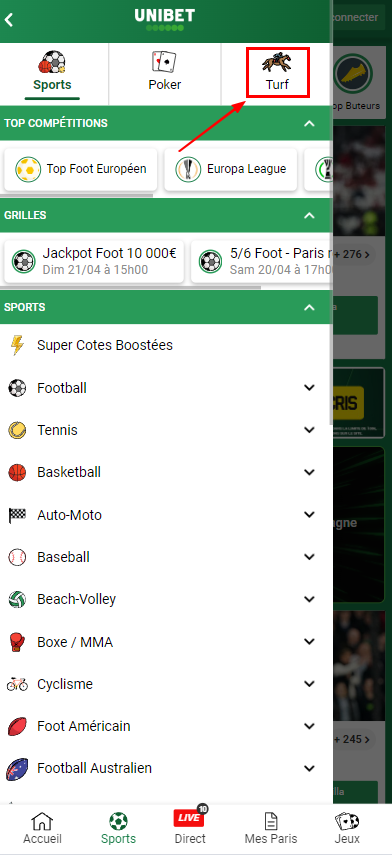 Section des courses de chevaux sur le site Unibet