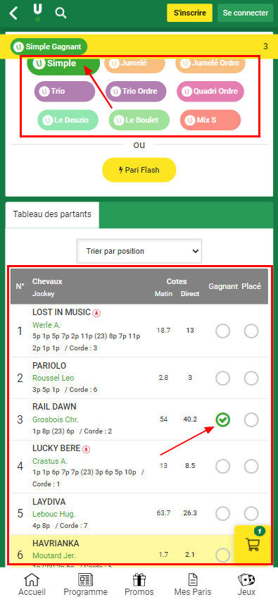 Sélectionner le type de pari et les cotes sur le site Unibet