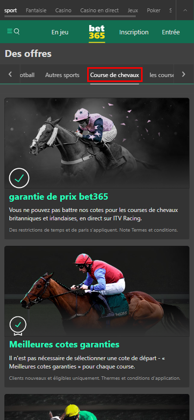 Section "courses de chevaux" du site Bet365