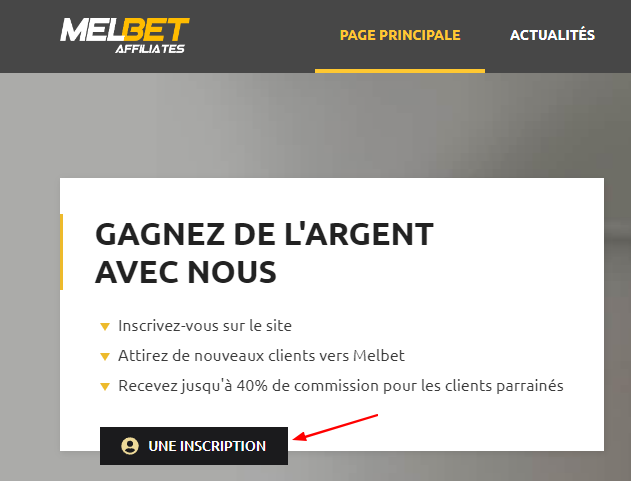 Bouton d'inscription au programme de parrainage du bookmaker Melbet