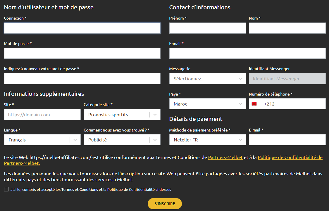Formulaire d'inscription pour les partenaires de Melbet