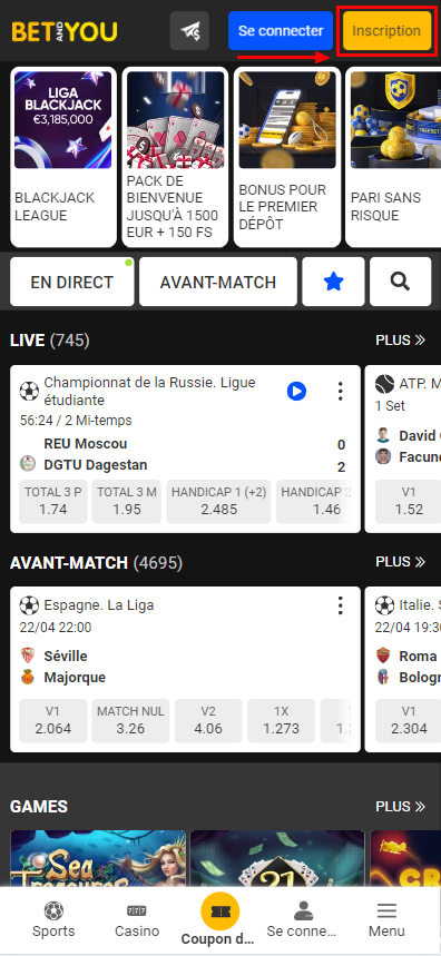 Bouton "Inscription" dans l'application Betandyou / version mobile