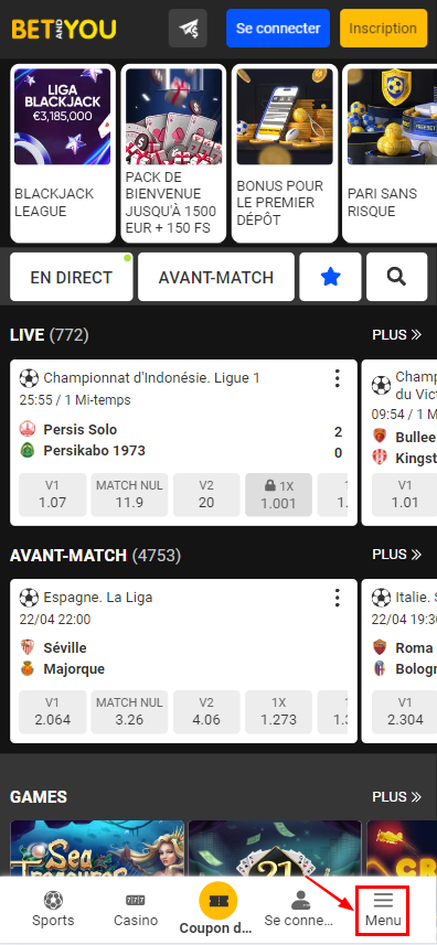 Section du menu dans l'application Betandyou / version mobile