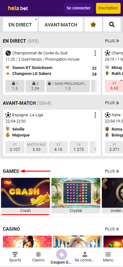 Position du jeu Aviator (Crash) sur la version mobile du site Helabet