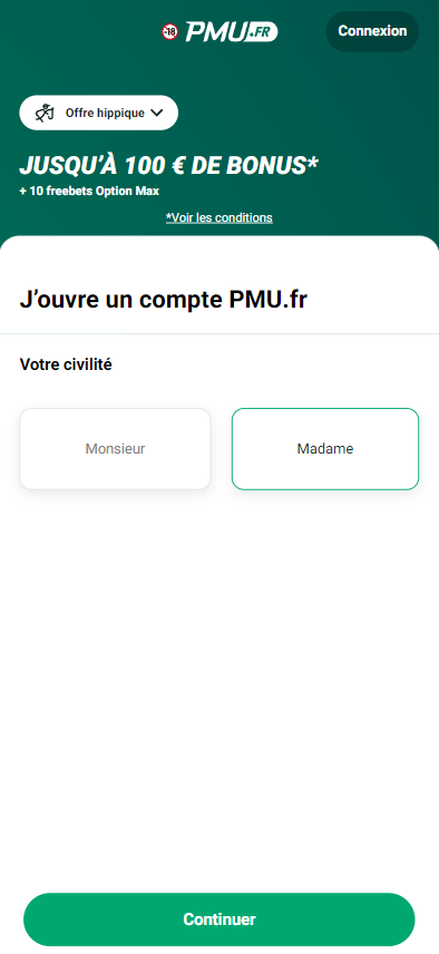 Première étape de l'inscription dans l'application/la version mobile du PMU