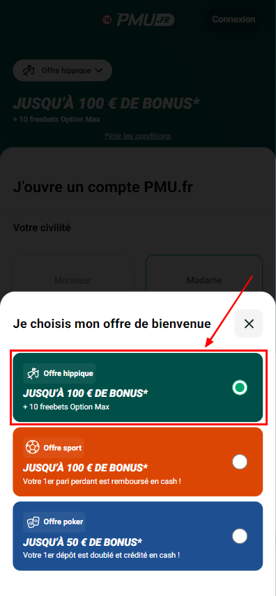 Sélection du bonus de bienvenue sur le site du PMU lors de la première étape de l'inscription