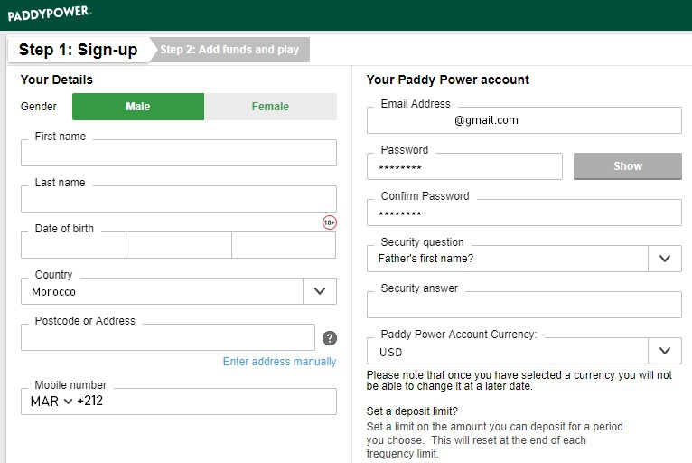 Formulaire d'inscription PaddyPower