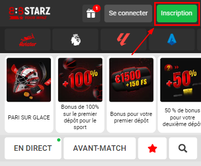 Bouton d'inscription dans l'application 888Starz