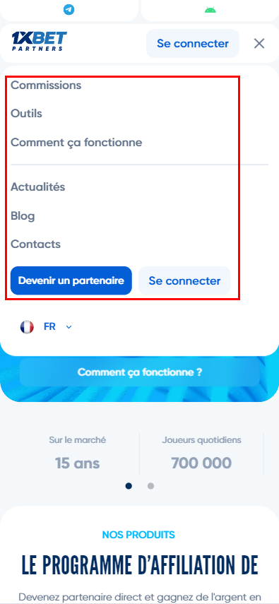 Menu du programme d'affiliation 1xbet