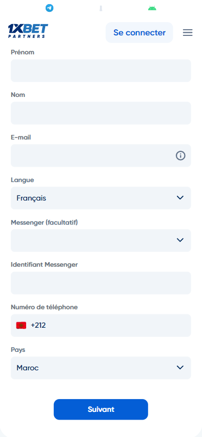 Première étape de l'inscription au programme d'affiliation 1xbet