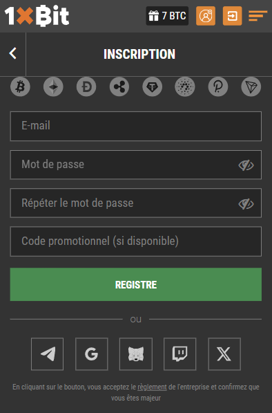 Formulaire d'inscription 1xBit