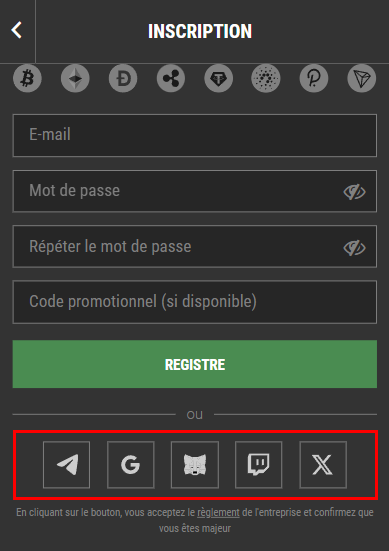 S'inscrire à 1xBit via les réseaux sociaux 