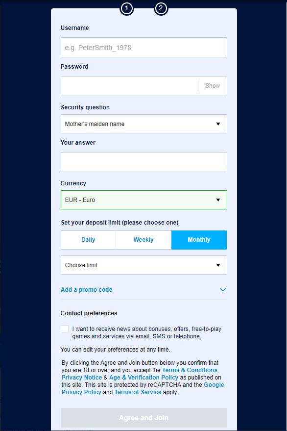 La deuxième étape de l'enregistrement chez William Hill