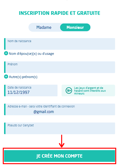 Formulaire d'inscription Genybet