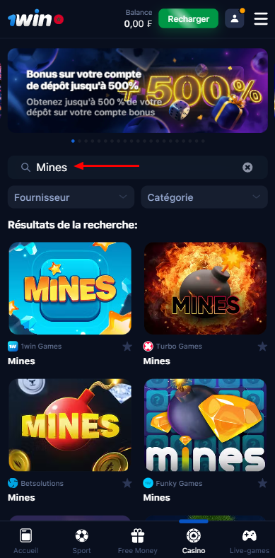 Recherche d'émulateurs de mines sur la plate-forme 1win