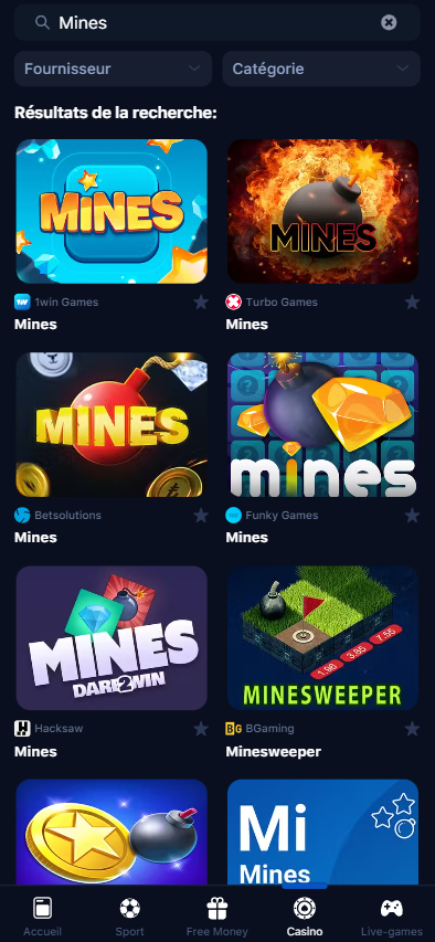 Types de jeux de Mines sur le site 1win