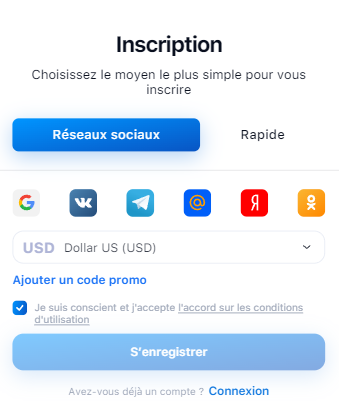 Inscription à 1win via les réseaux sociaux