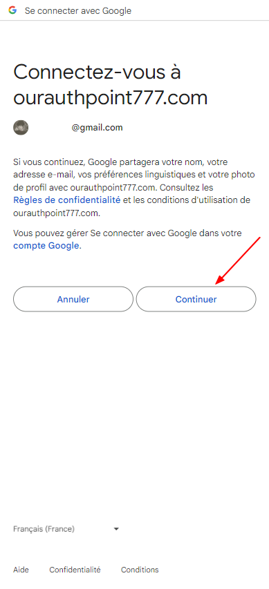 Bouton permettant de terminer l'inscription avec Google sur 1win