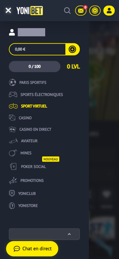 Emplacement des jeux virtuels sur YoniBet