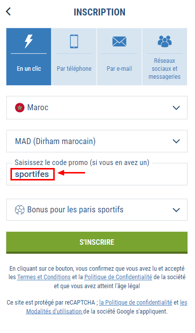 Utiliser un code promo en un clic sur le site 1xBet