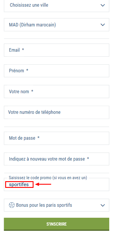 Utilisation d'un code promo par e-mail sur le site 1xBet