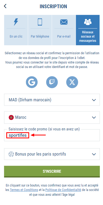 Utilisation d'un code promo via les réseaux sociaux sur le site 1xBet