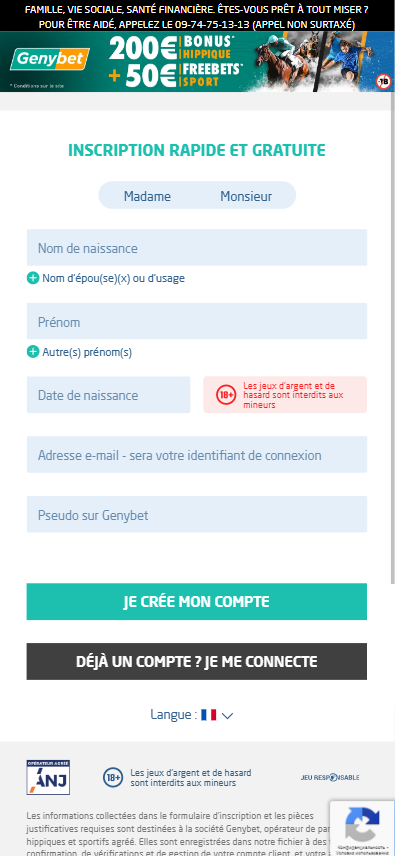 Formulaire d'inscription sur Genybet