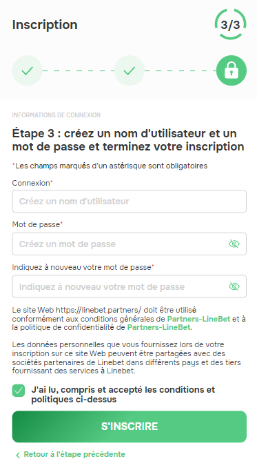 La troisième étape de l'inscription au programme d'affiliation Linebet
