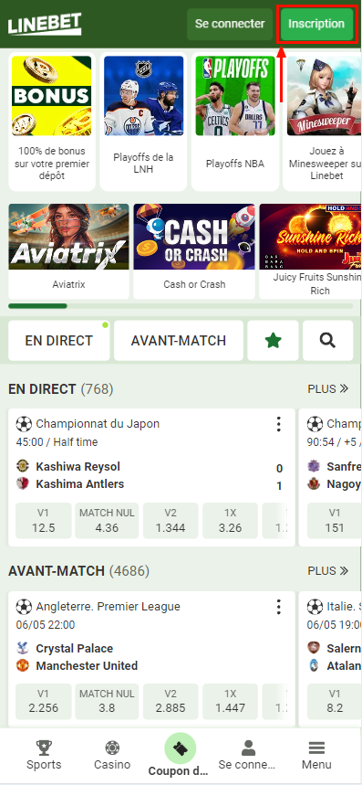 Bouton d'inscription dans l'application LineBet