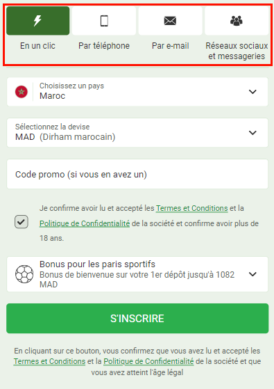 Options d'enregistrement de compte LineBet