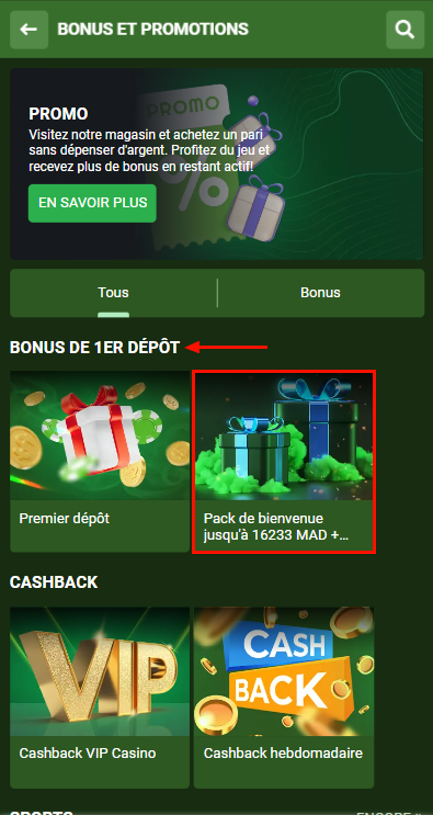 Section avec bonus pour le premier dépôt dans l'application mobile LineBet