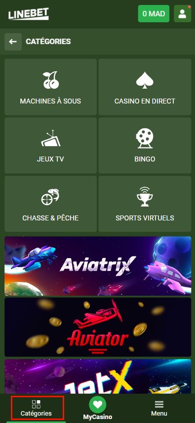 Catégories de jeux dans l'application LineBet