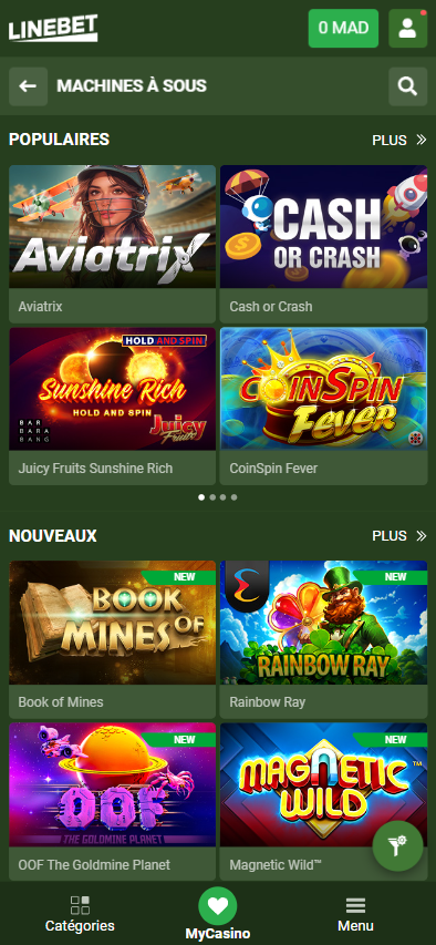 Page des jeux de casino LineBet