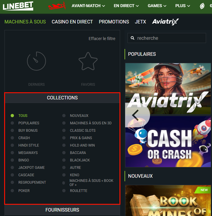 Catégories de jeux sur le site LineBet