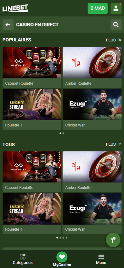 Casino en direct dans l'application LineBet