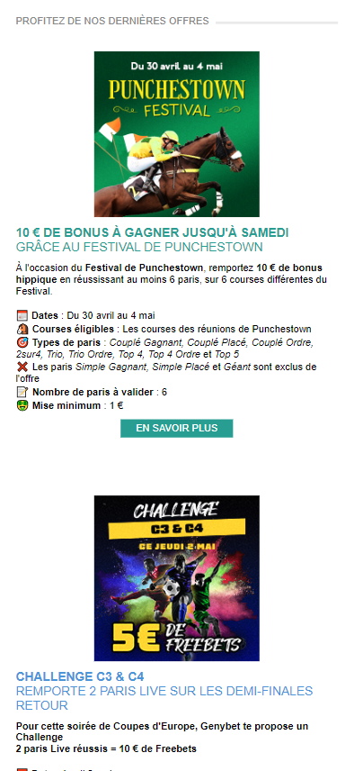 Page des bonus de Genybet