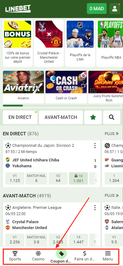 Menu de l'application LineBet