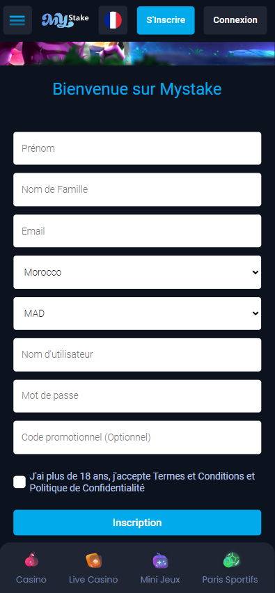 Formulaire d'inscription MyStake
