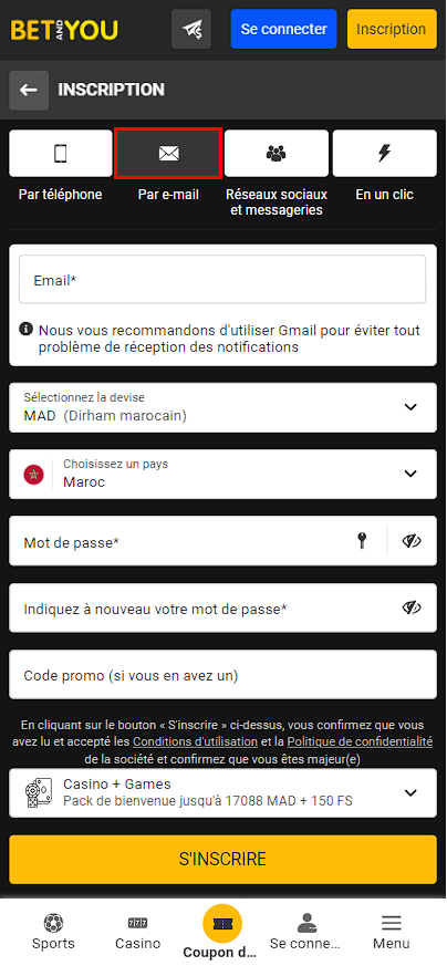 Betandyou inscription par email 