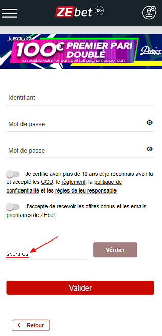 Champ de saisie d'un code promo dans la version mobile ou l'application ZEbet