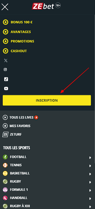 Bouton d'inscription dans la version mobile ou l'application ZEbet