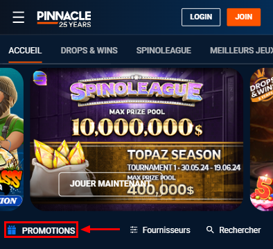 Section des bonus de casino sur Pinnacle