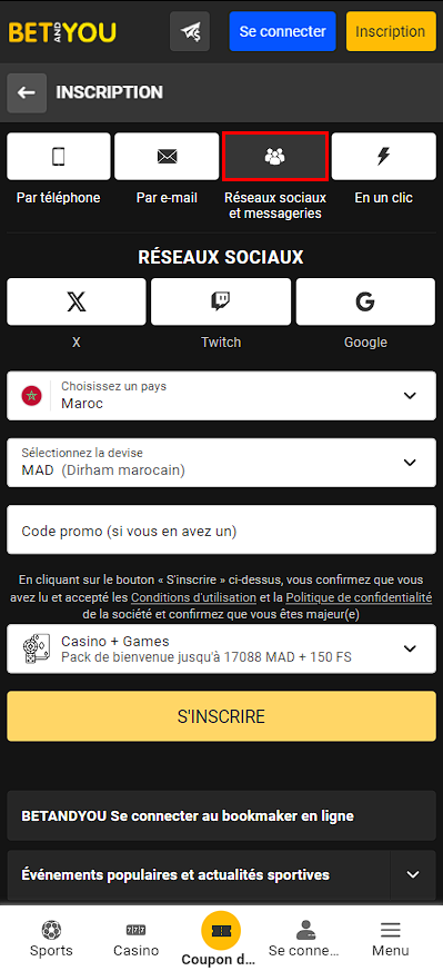 Betandyou inscription par réseaux sociaux et messageries