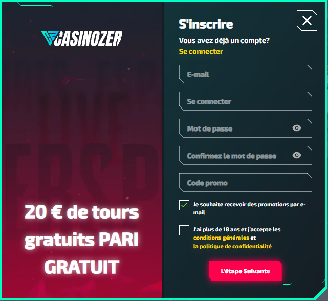 استمارة التسجيل في Casinozer